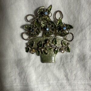 Floral Brooch with Green Leaves and Blue Accents